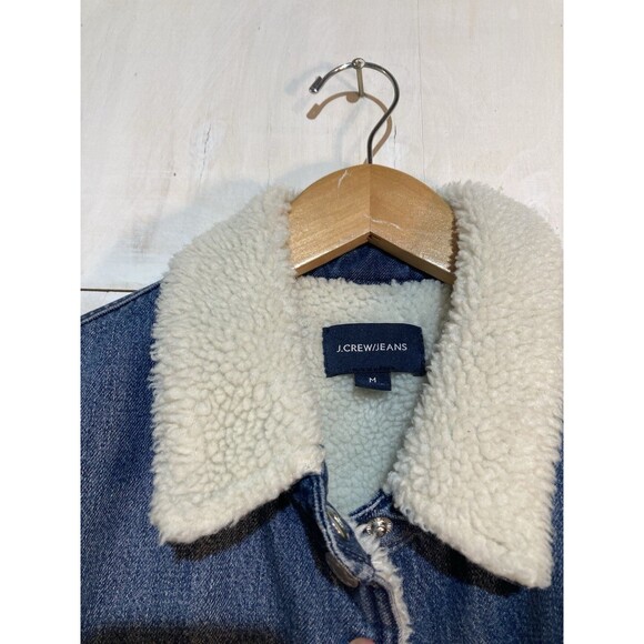 J Crew Jean Trucker Jacket Sherpa Lined Women’s Medium Blue Denim Button Up - Picture 3 of 9